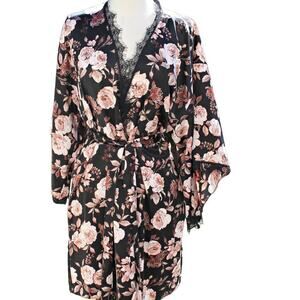 Midnight Bakery Women's Kimono Robe Black Floral Print Dark Romance Size S